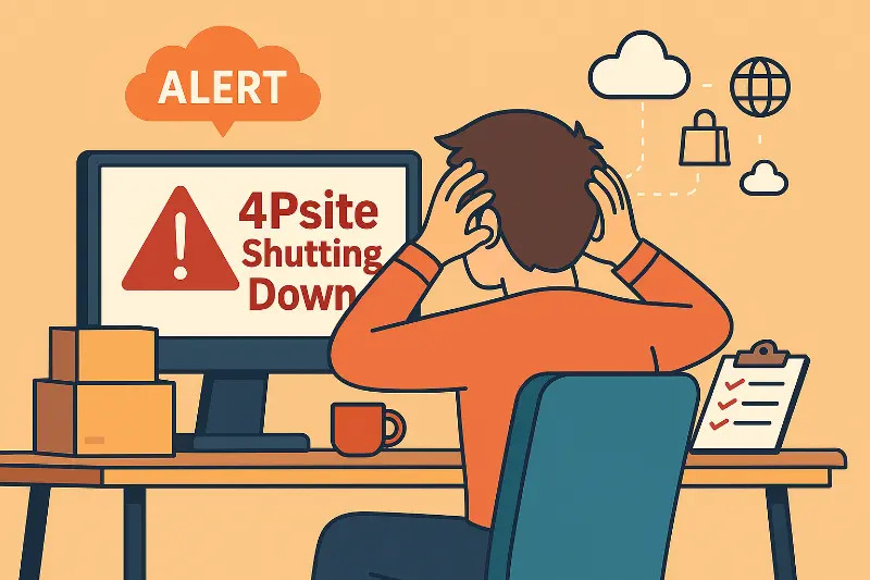 Flat illustration of a worker reacting to a computer alert reading ‘4Psite Shutting Down,’ symbolizing urgent migration to a cloud-based order management system.