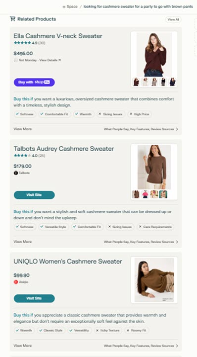 Ask AI for sweaters to go with brown pants, get brown sweaters